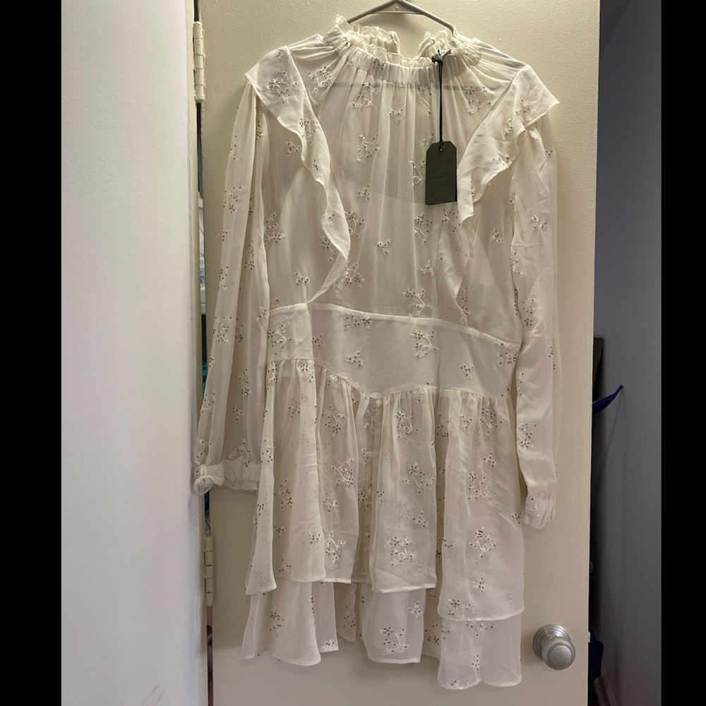 White, flower detailed high neck sheer mini dress